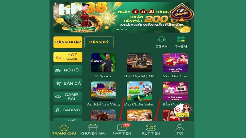 Hướng dẫn nạp tiền - rút tiền HB88